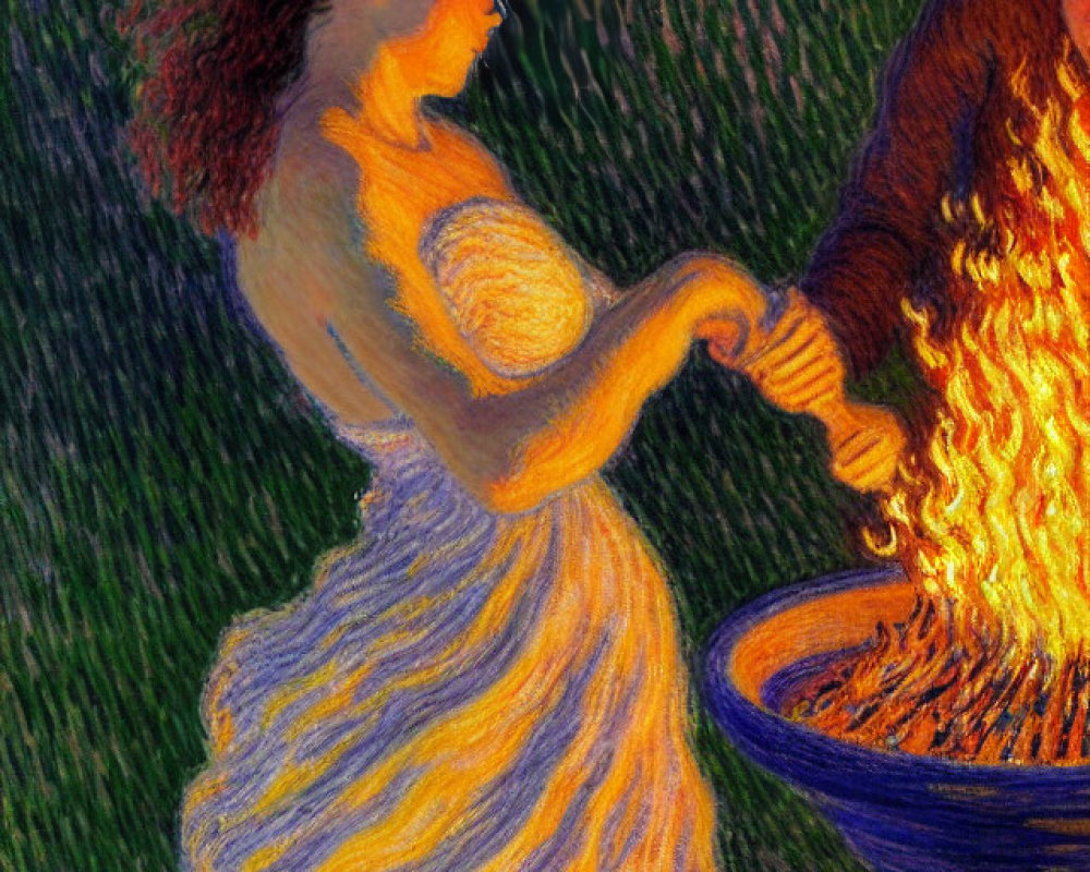 Vibrant painting of woman near cauldron with swirling colors