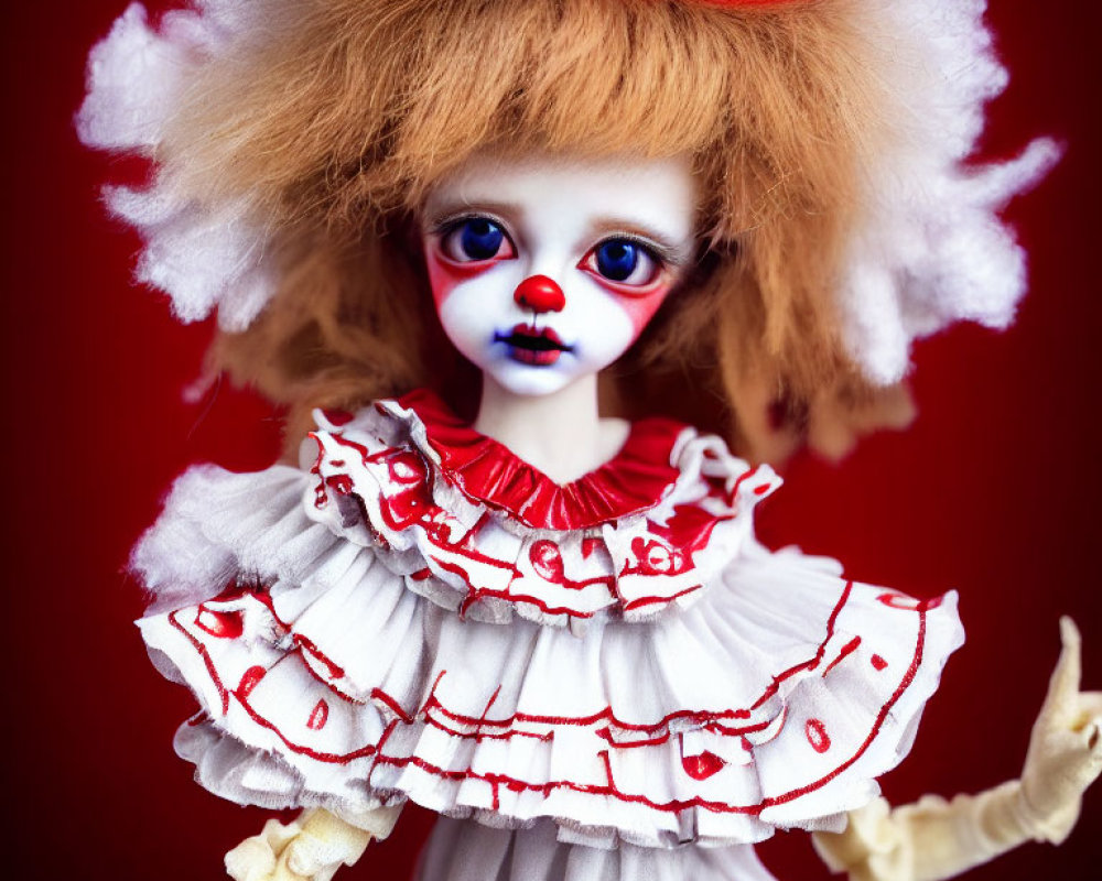 Clown-like doll with red nose and blonde hair on red background