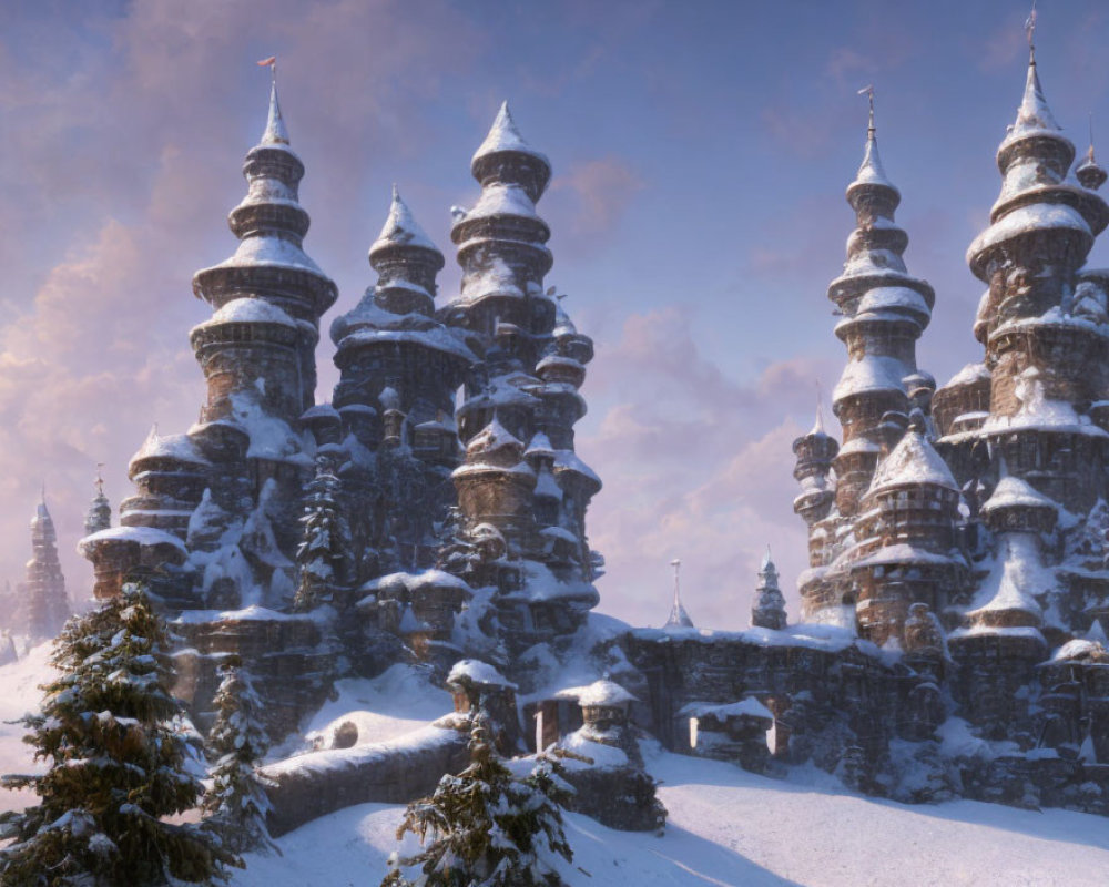 Fantasy Castle with Spiraling Towers in Snowy Winter Landscape