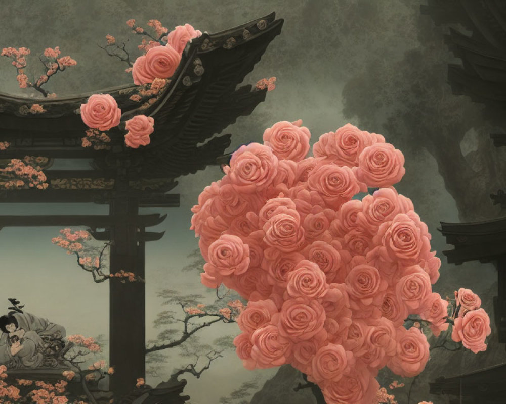 Asian-style Artwork: Woman Playing Instrument in Archways with Pink Roses