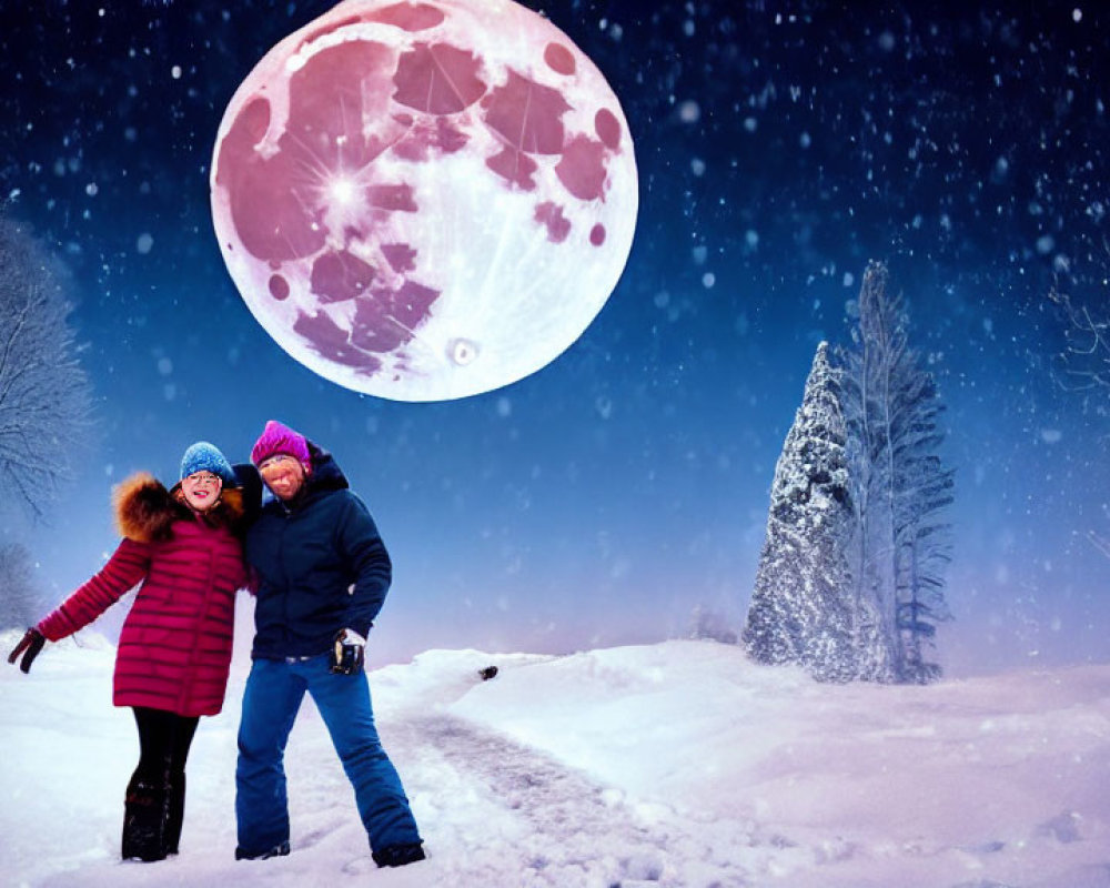 Two individuals in winter attire posing in snowy landscape under pink moon