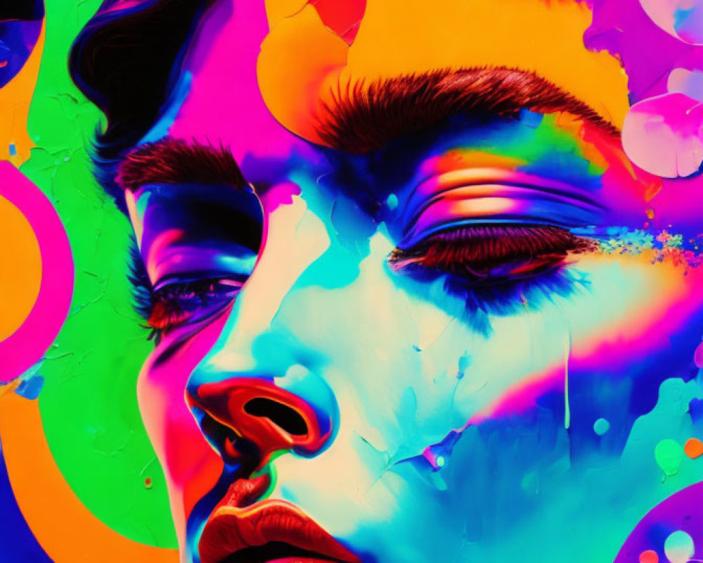 Colorful surreal digital art of a face with abstract shapes and paint splatters