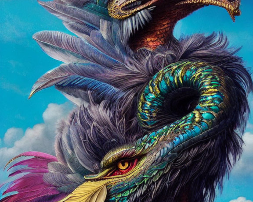Vibrant mythical creature illustration with serpent-like neck and dragon head