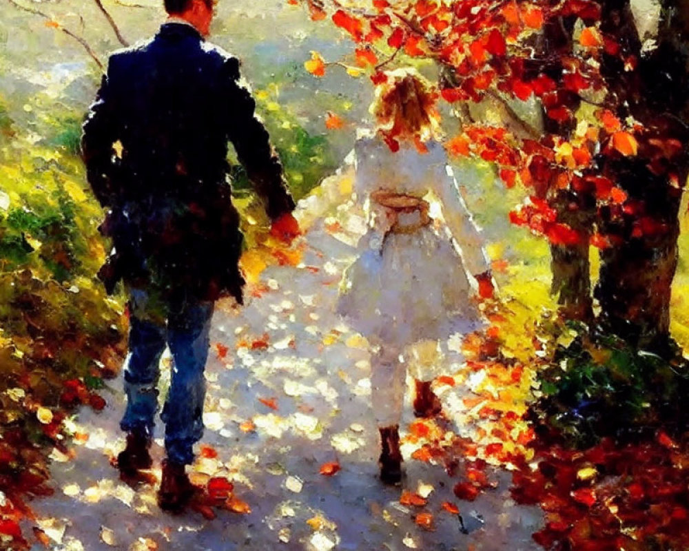 Couple walking in sunlit autumn forest with red and yellow leaves