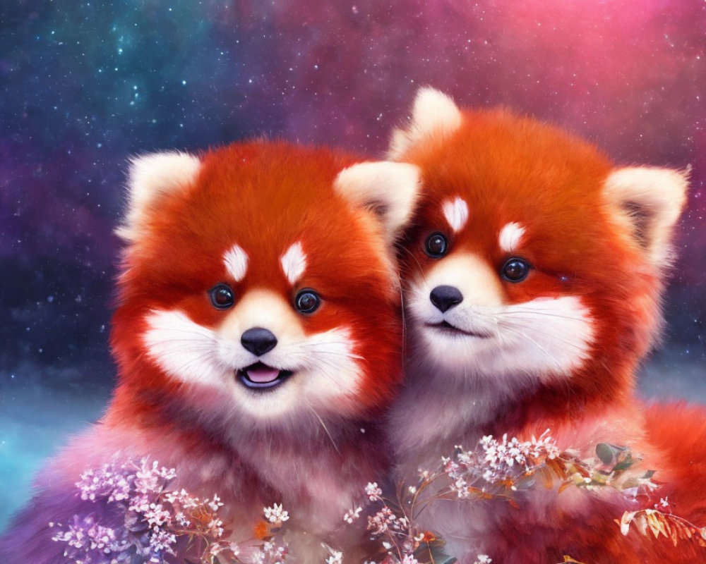 Two animated red pandas with expressive faces on colorful starry background