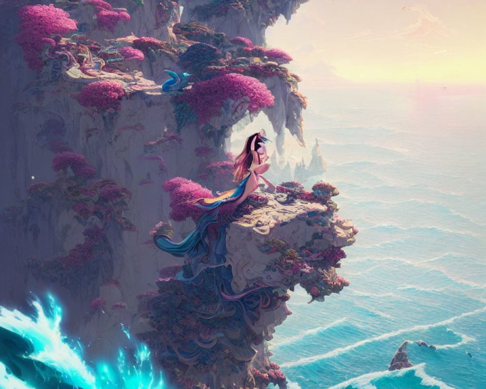 Fantastical floating island with pink trees and woman in flowing robes overlooking turquoise sea.