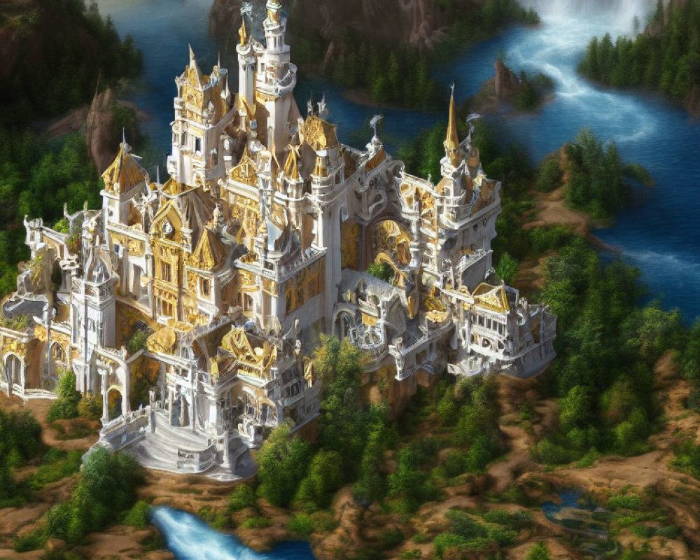 Majestic fantasy castle with golden spires in forest setting