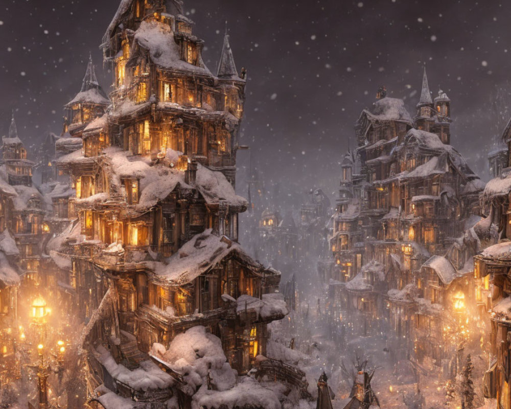 Snowy Winter Village with Multi-Tiered Buildings in Magical Setting