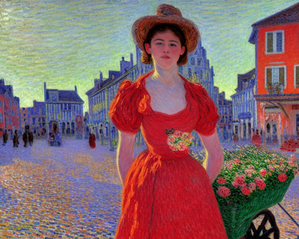 Woman in Red Dress with Straw Hat at Flower Cart in Impressionist Town Square