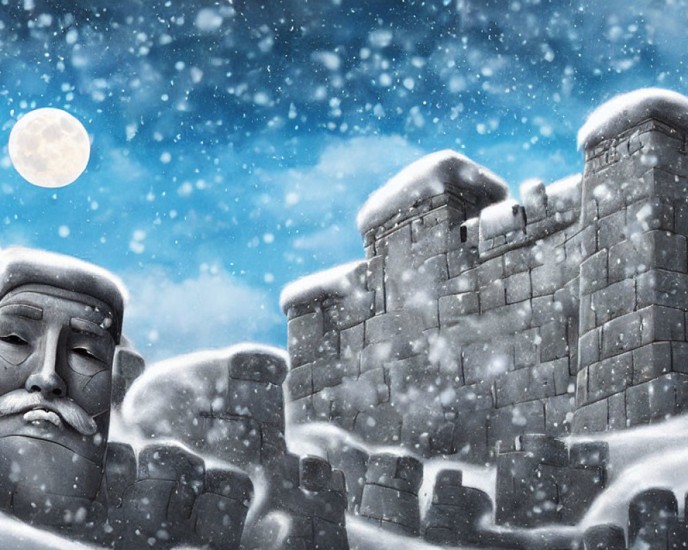Snowy Scene: Ancient Stone Fortress and Statues in Moonlit Sky
