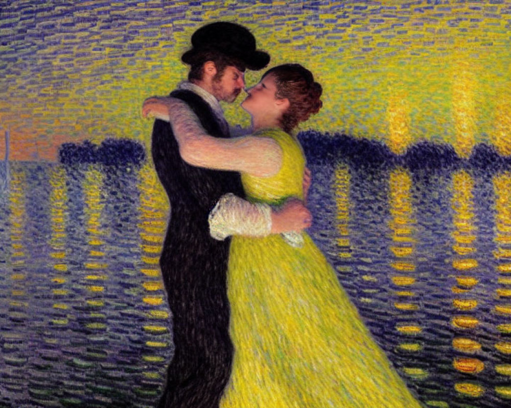 Vibrant pointillist painting of embracing couple dancing with water reflection background
