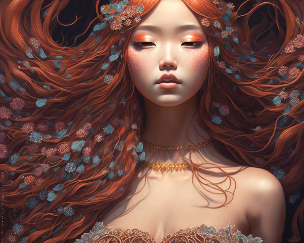 Digital artwork: Woman with auburn hair, blue flowers, freckles, ethereal glow