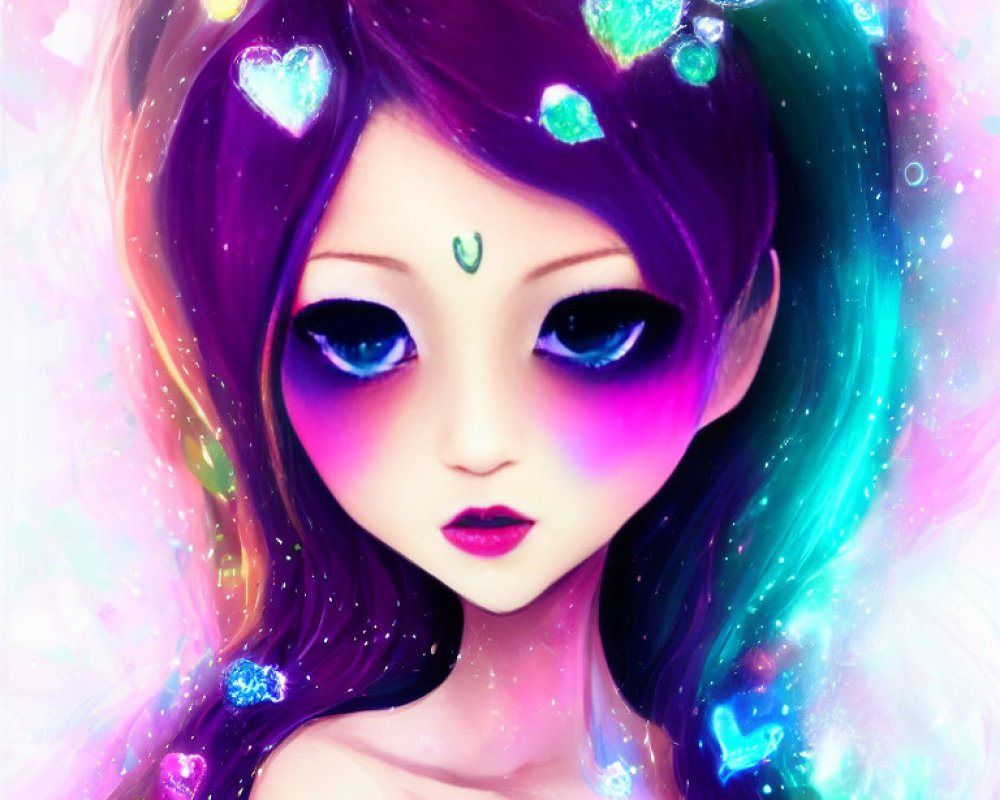 Vibrant female figure with purple hair and blue eyes on pink background