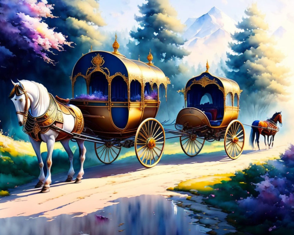 Golden Carriage Pulled by Two Horses in Scenic Landscape