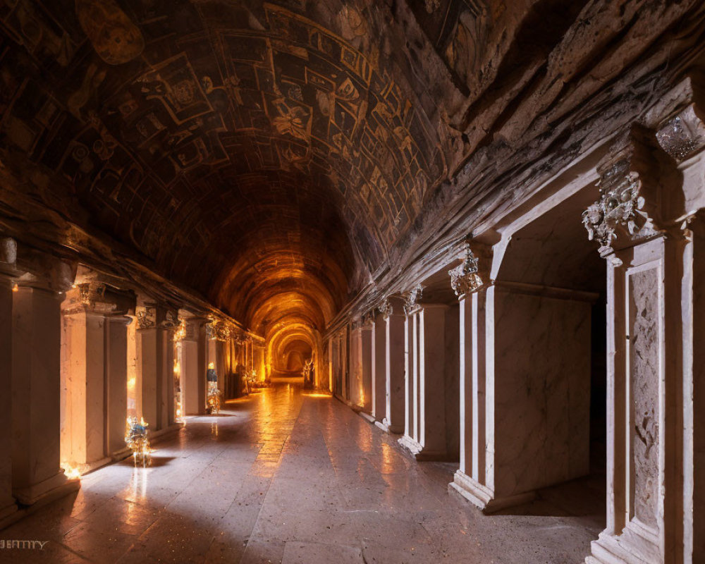 Ancient Hallway with Vaulted Ceiling, Frescoes, Soft Lighting, and Columns