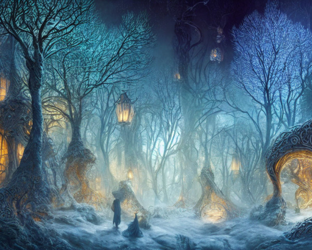 Enchanting snowy forest with glowing lanterns and tree houses