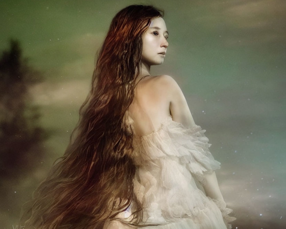 Woman with Long Hair in Starlit Setting Wearing Ruffled Dress