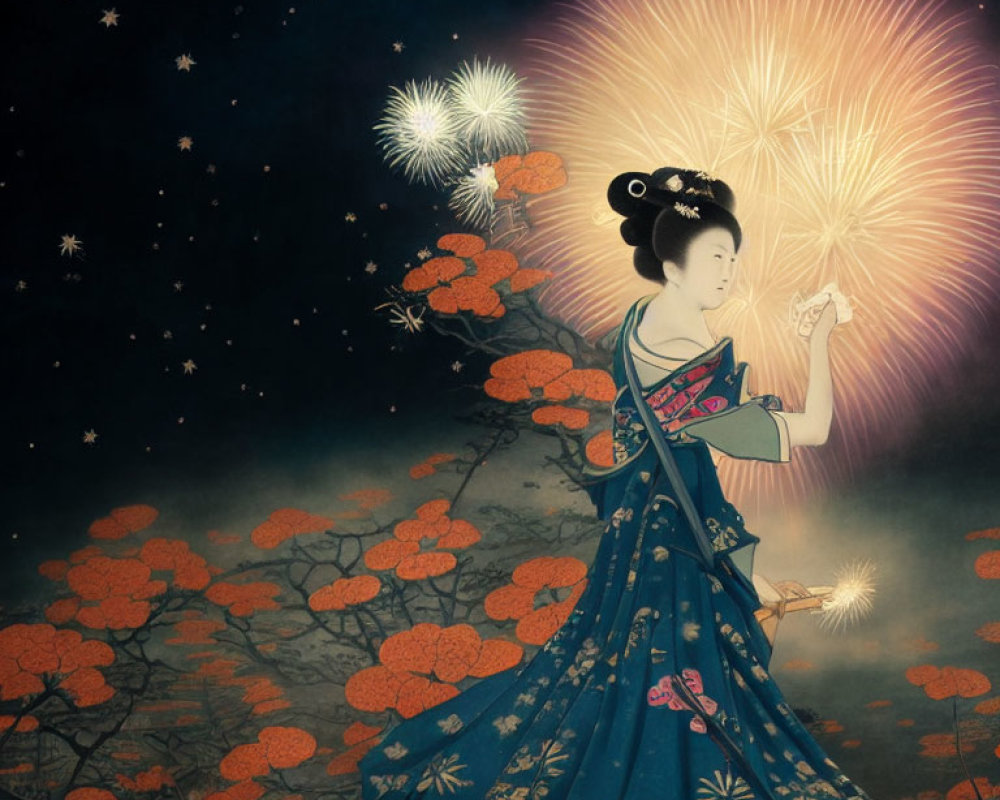 Traditional Japanese woman in kimono admires fireworks and florals at night
