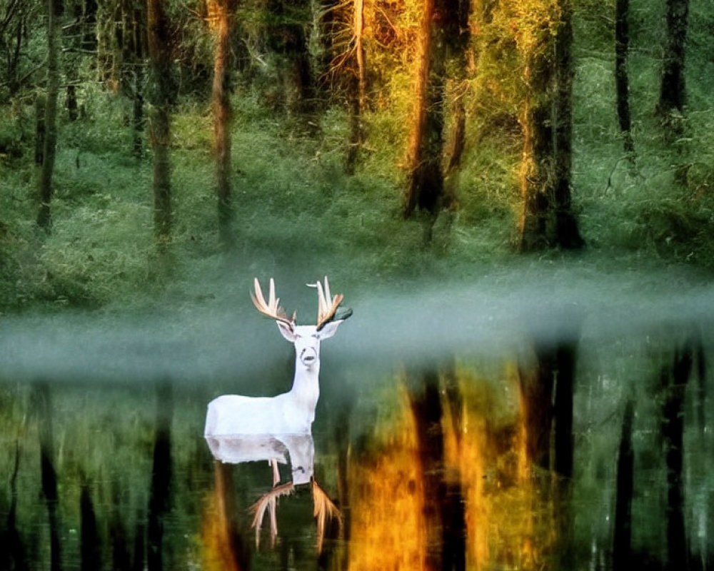 Majestic white deer in serene forest clearing