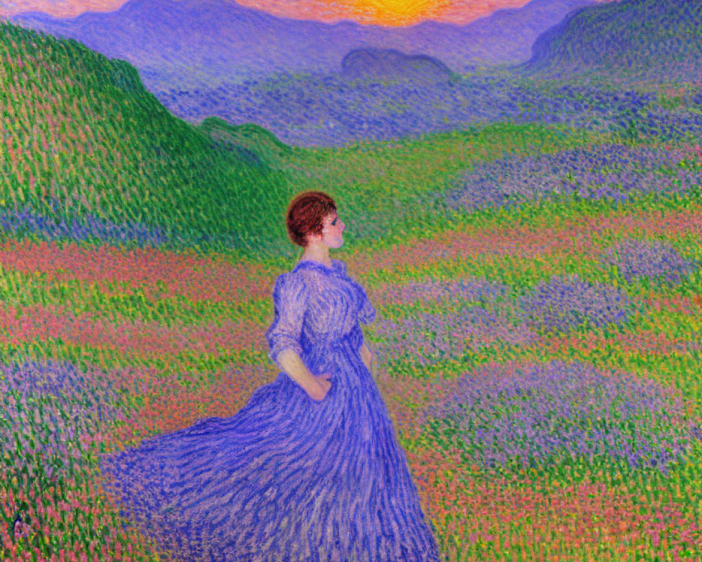 Woman in Blue Dress Standing in Vibrant Field at Sunset