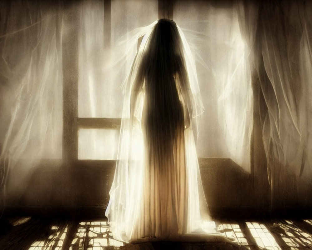 Long-haired figure in sheer garment by window with sunlight and curtains