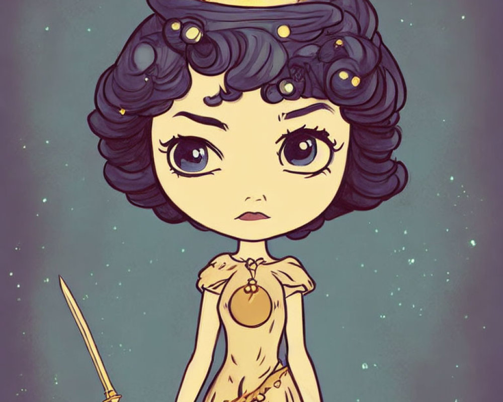 Stylized young queen with golden crown and starry background