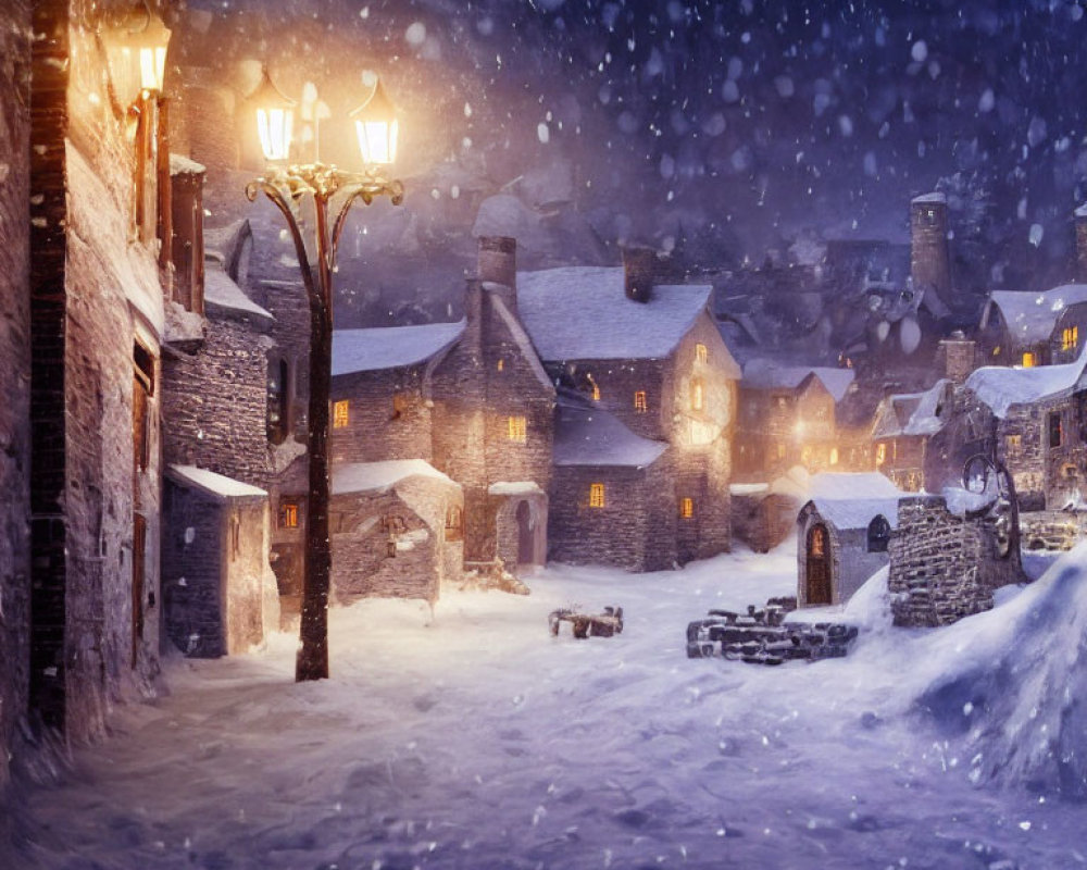 Snow-covered village at night with warm street lamps and falling snowflakes