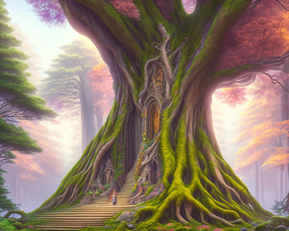 Majestic tree with ornate door in ethereal forest scene