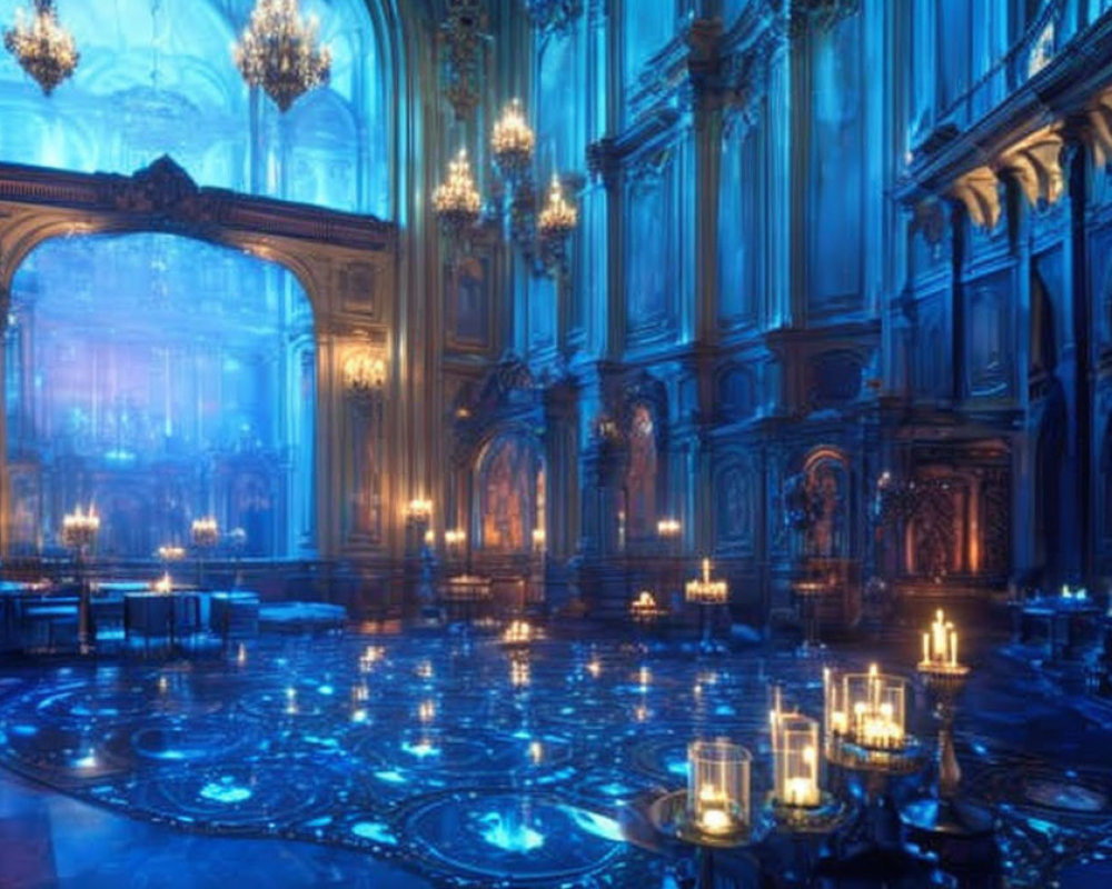 Luxurious Blue Ballroom with Grand Archways and Chandeliers
