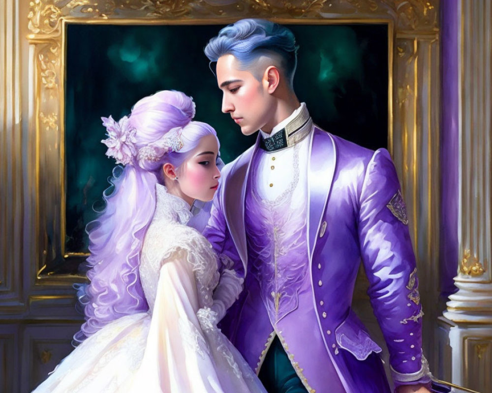 Vintage-inspired couple in opulent attire, woman in white dress with purple accents, man in purple jacket