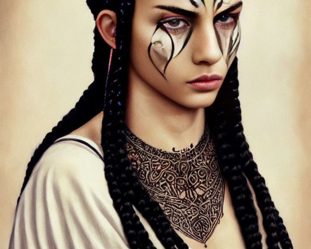 Intricate Dark Facial Makeup with Braided Hair and Neck Tattoos