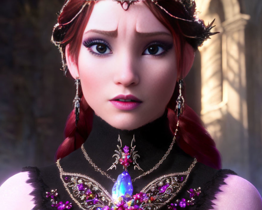 Detailed Close-Up of 3D Animated Character with Red Hair, Jeweled Crown, and Glowing