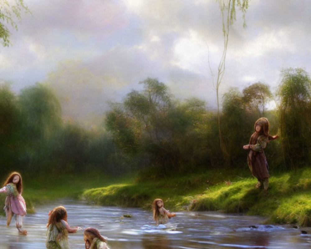 Tranquil painting of children playing by a river