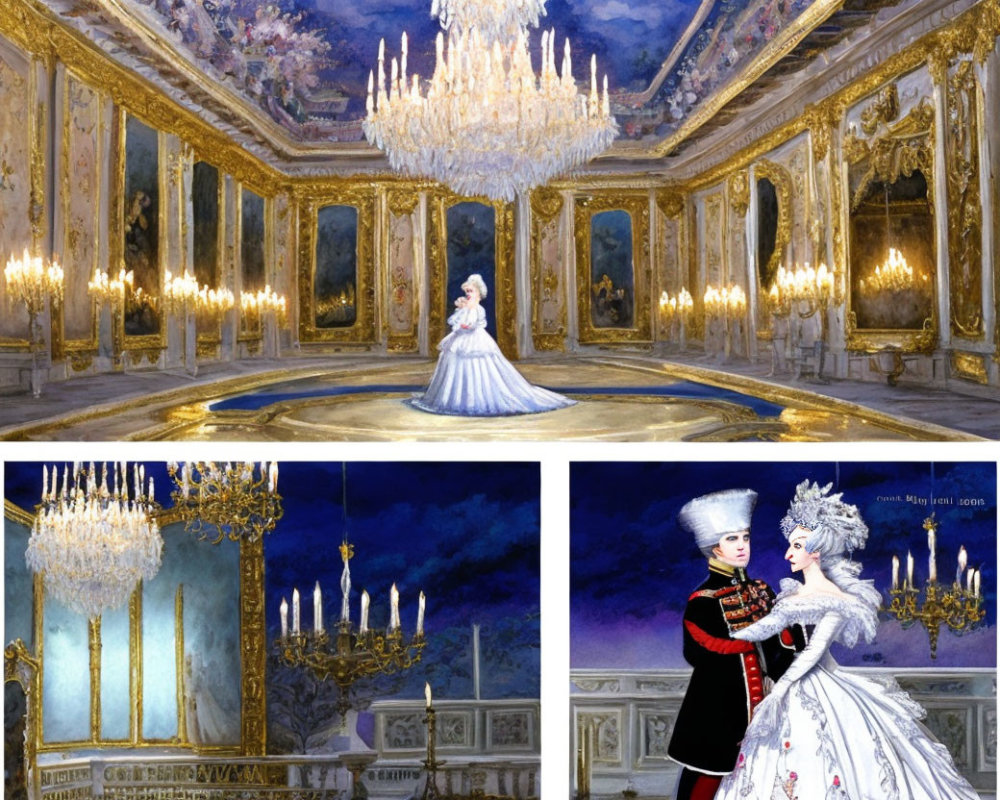 Opulent ballroom with golden decor and grand chandelier, featuring solitary woman and period attire couple.