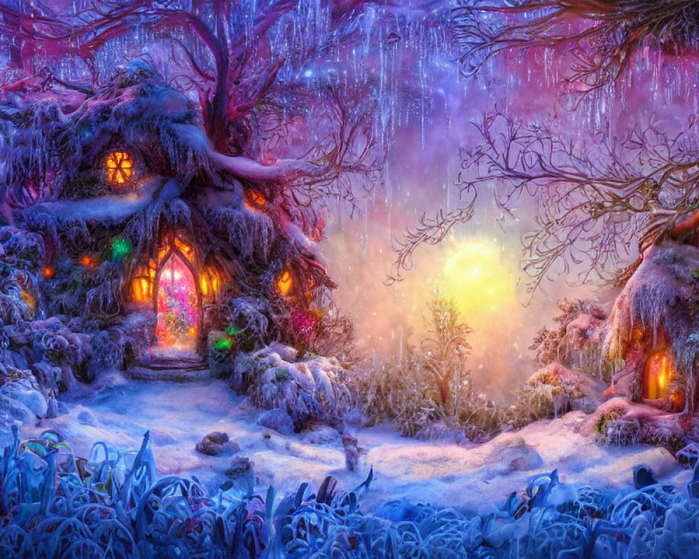 Snow-covered trees and cozy houses in a whimsical winter scene