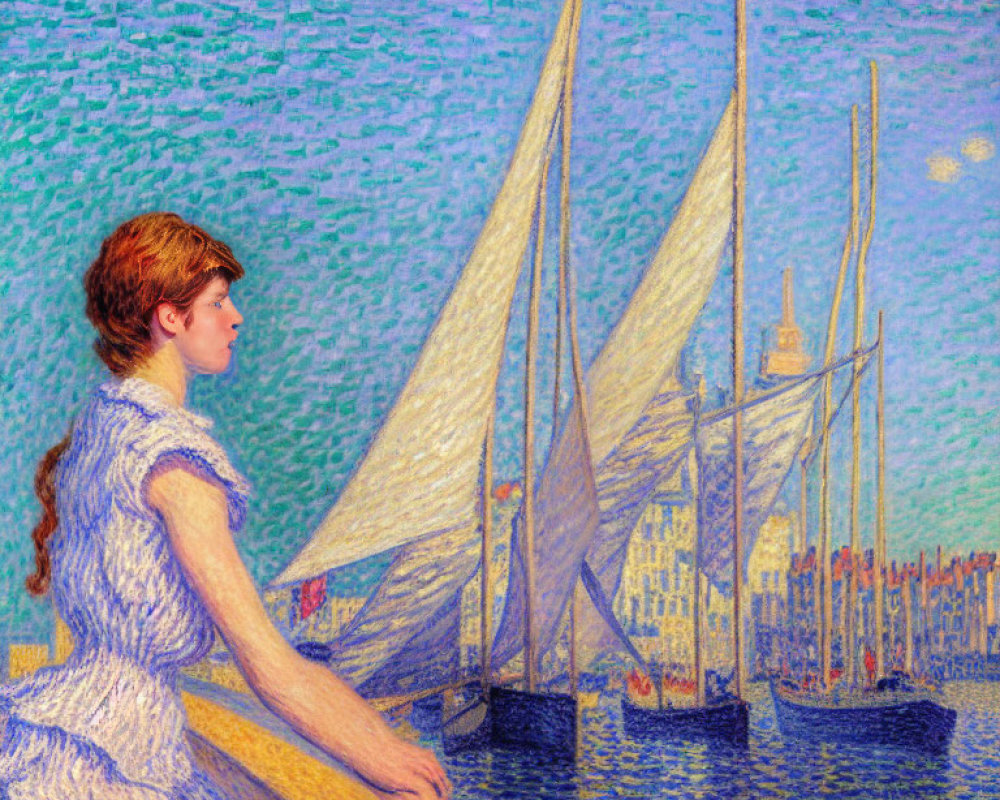 Woman in White Gazing at Sailboats in Pastel Pointillist Painting