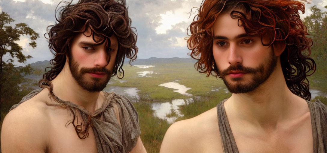 Two Men with Curly Hair and Beards Outdoors in Serene Landscape