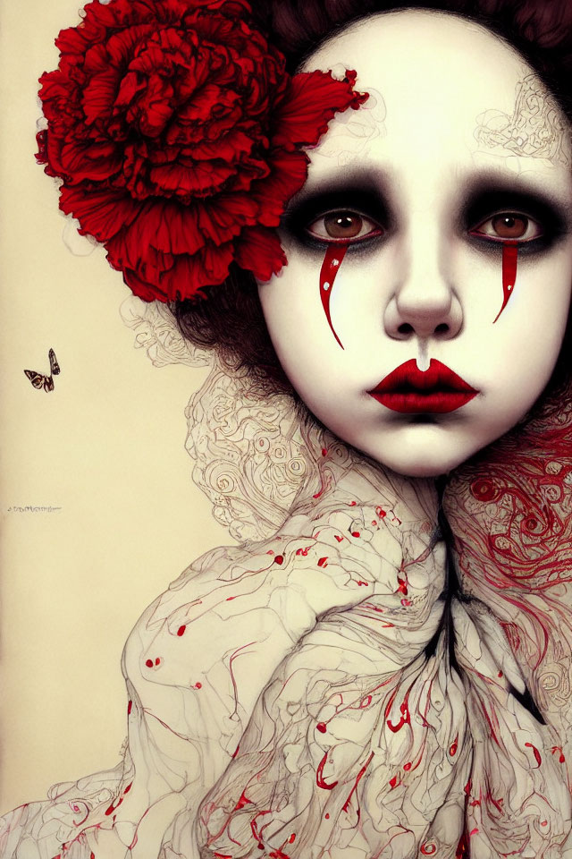 Person with large red flower in hair, dramatic makeup with tears of blood, white outfit with red spl