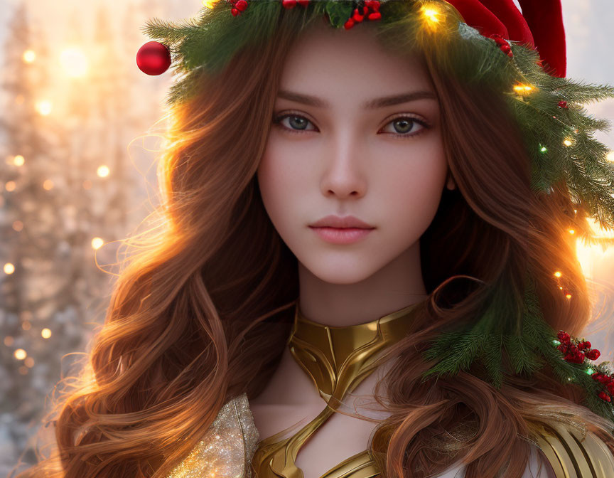 Festive digital art portrait of a woman in golden armor with Christmas hat and holly