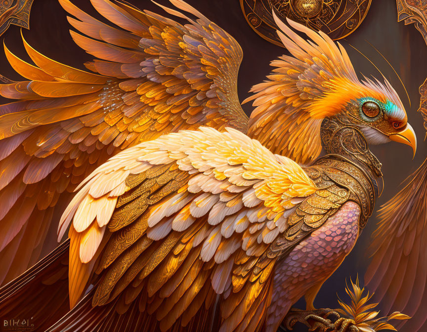 Detailed illustration: Majestic golden-feathered bird with ornate collar.