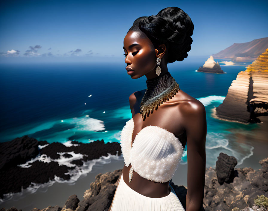 Stylish woman with intricate hairstyle in white dress by coastal cliffs