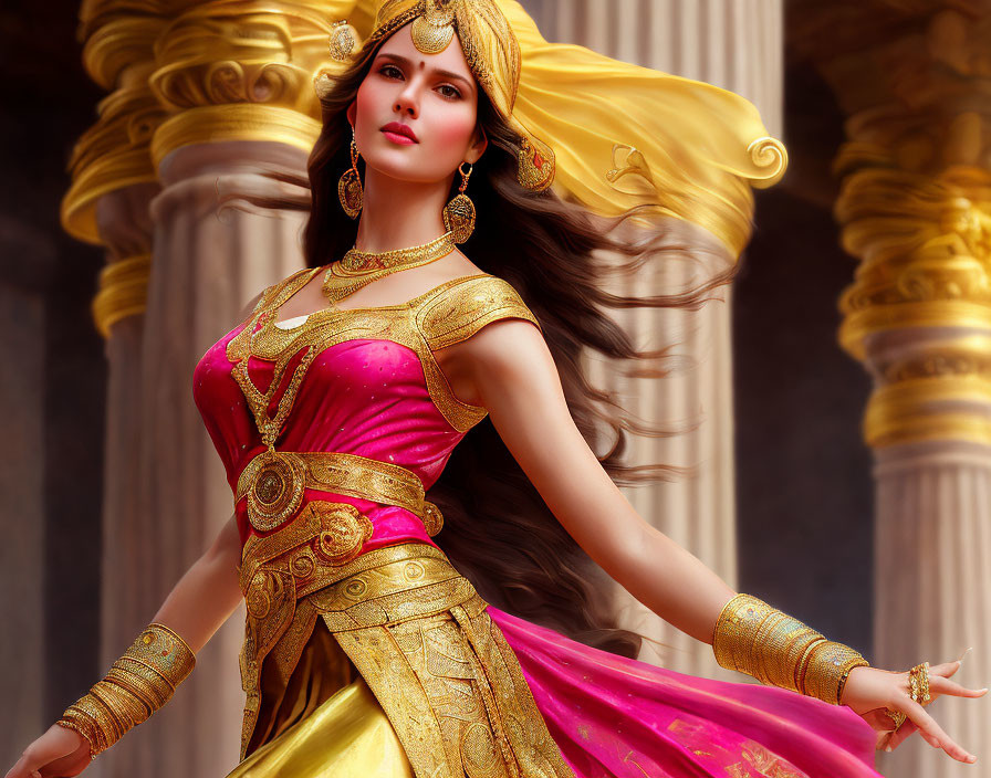 Detailed Illustration of Woman in Regal Golden & Pink Attire