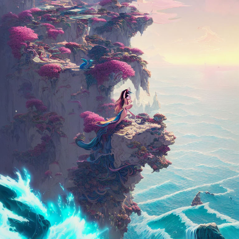 Fantastical floating island with pink trees and woman in flowing robes overlooking turquoise sea.