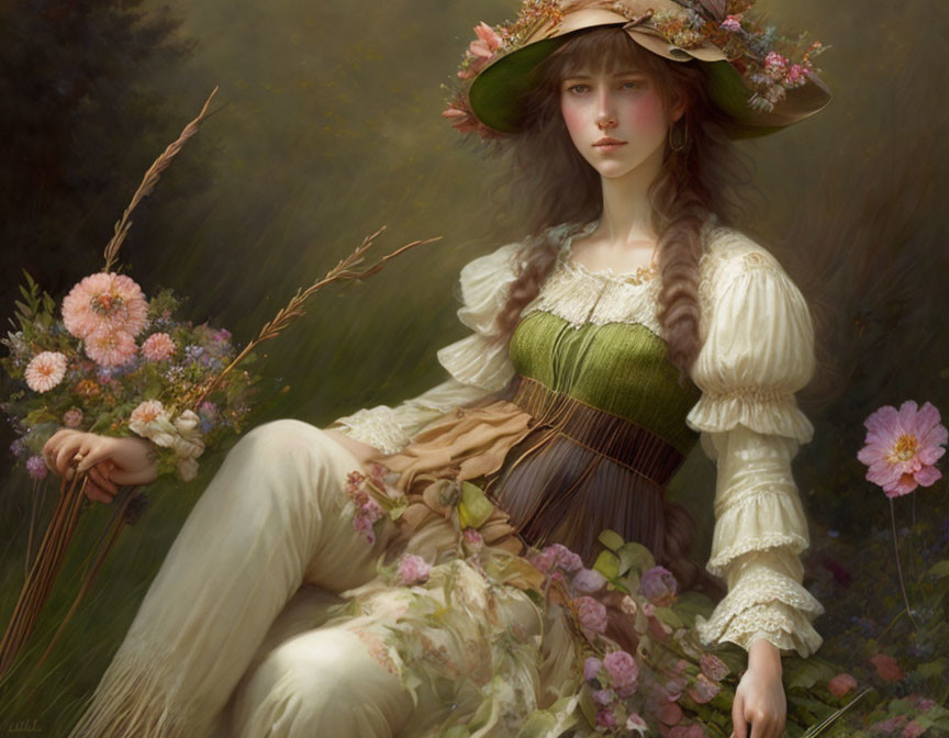 Vintage-dressed woman in floral hat surrounded by flowers in dreamy setting.