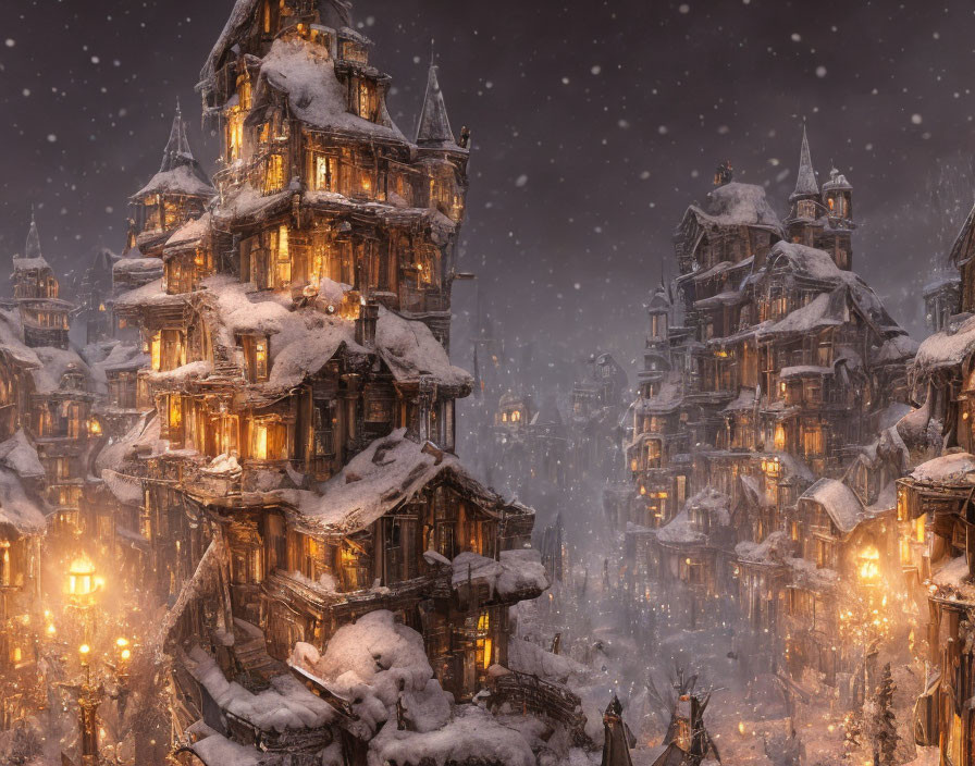 Snowy Winter Village with Multi-Tiered Buildings in Magical Setting