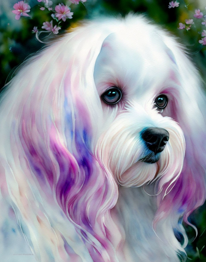Whimsical white dog painting in soft pastel colors