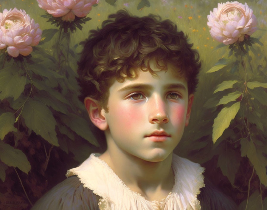 Young Boy With Pink Peonies