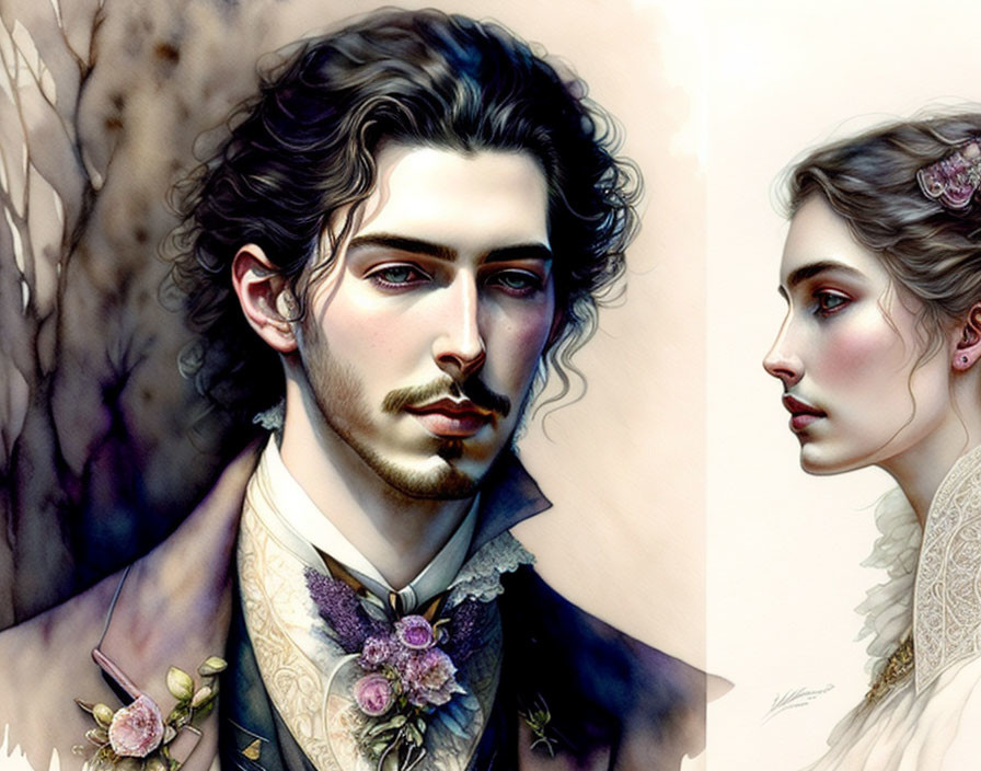 Victorian couple illustration with man in cravat and woman in floral hair accessories