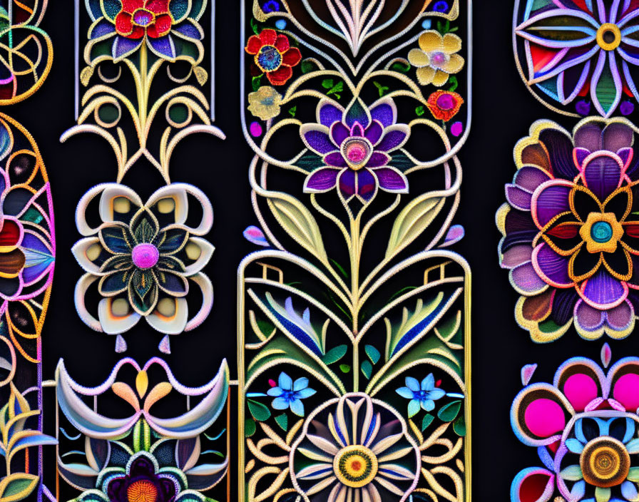 Colorful Floral Embroidered Patterns on Black Background