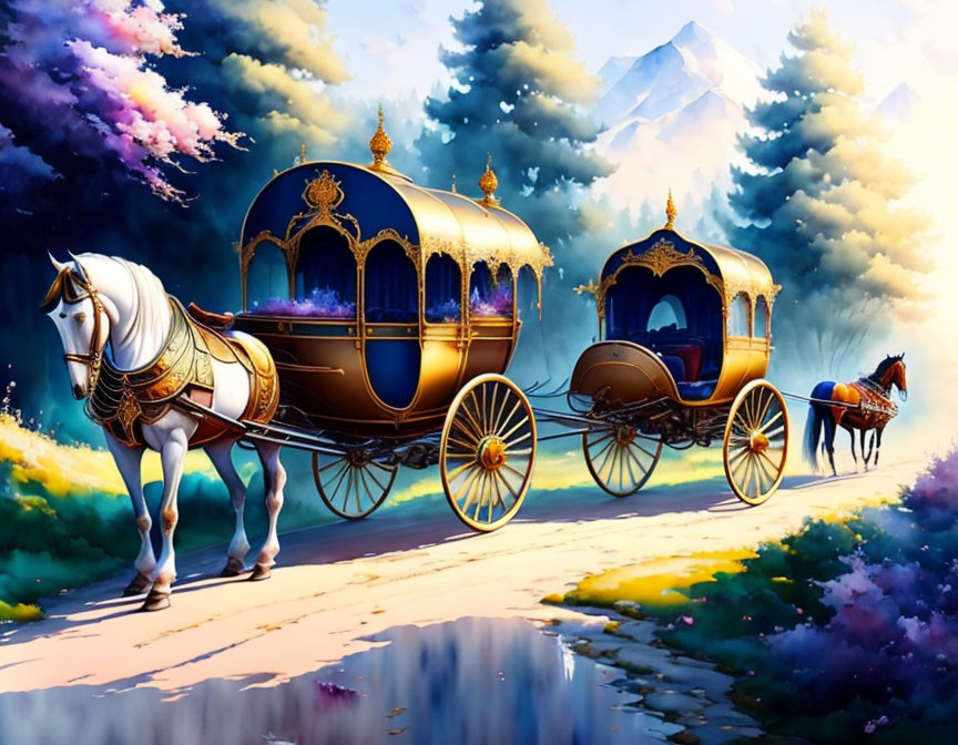 Golden Carriage Pulled by Two Horses in Scenic Landscape